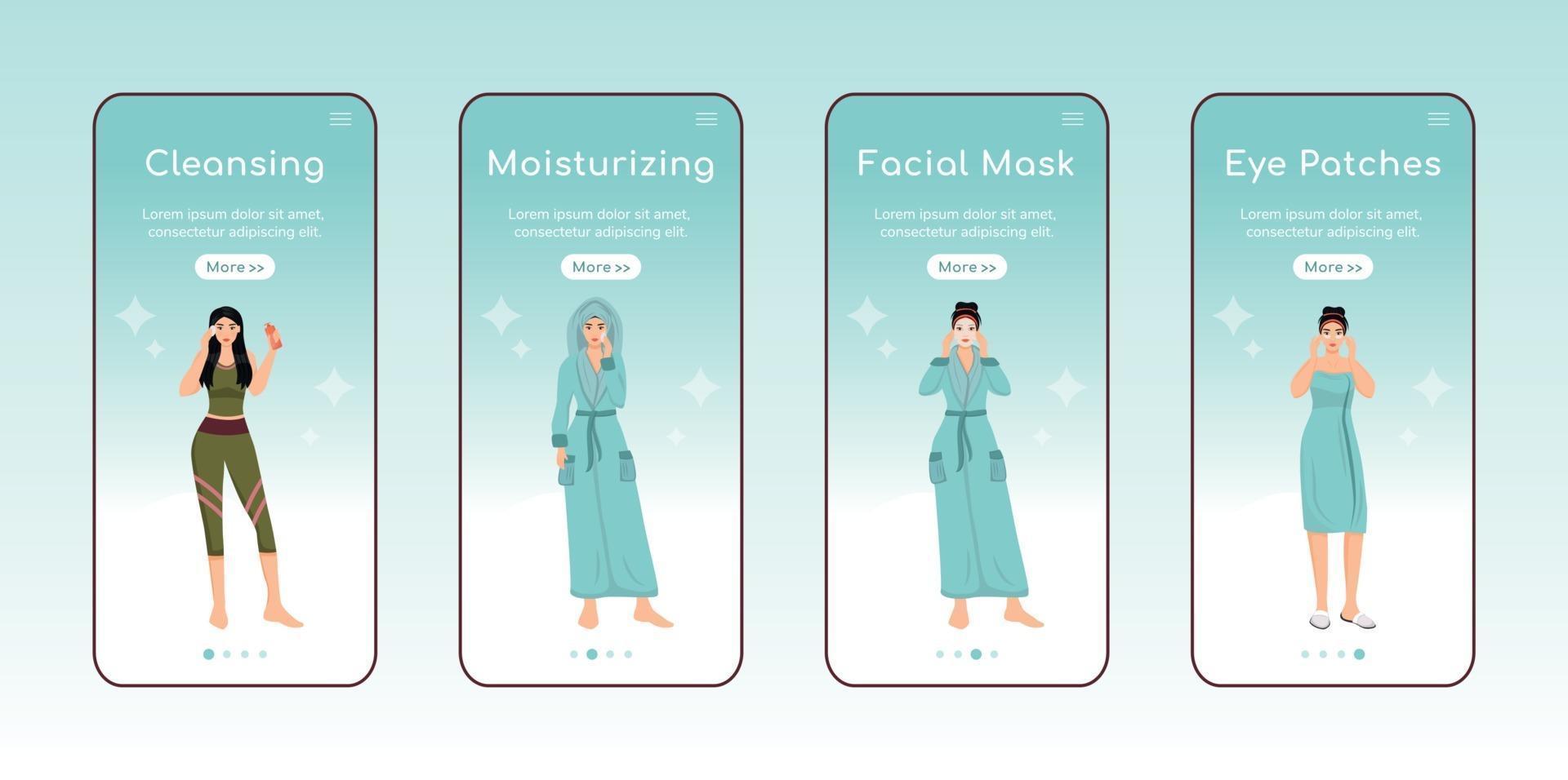 huidverzorging stappen onboarding mobiele app scherm platte vector sjabloon. gezichtsreiniging en hydratatie. walkthrough website stappen met karakters. ux, ui, gui smartphone cartoon-interface, set hoesjes