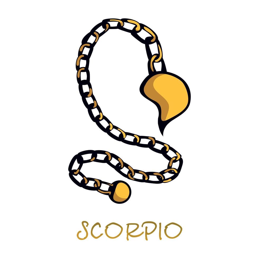 Schorpioen sterrenbeeld accessoire platte cartoon vectorillustratie. gouden ketting met schorpioenstaart, armband met angel-object. astrologisch horoscoopsymbool, hemellichaam. geïsoleerd handgetekend item vector