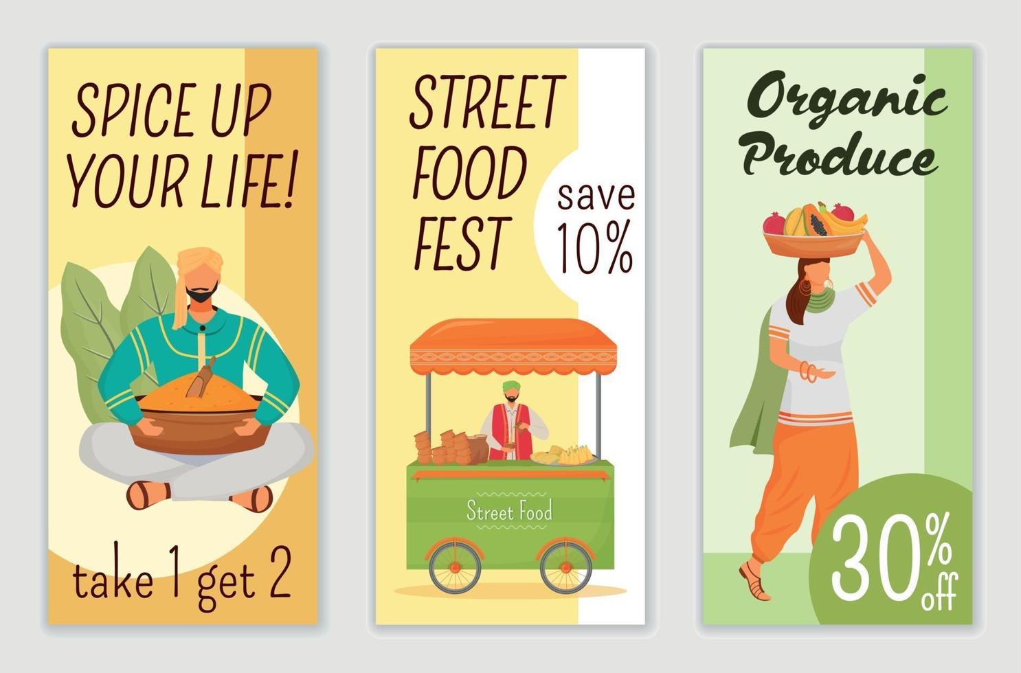 straatvoedsel fest, traditionele vakantie folders platte vector sjablonen set. Spice Sale afdrukbare folder ontwerp lay-out. biologische producten speciale aanbieding reclame web verticale banner, social media verhalen