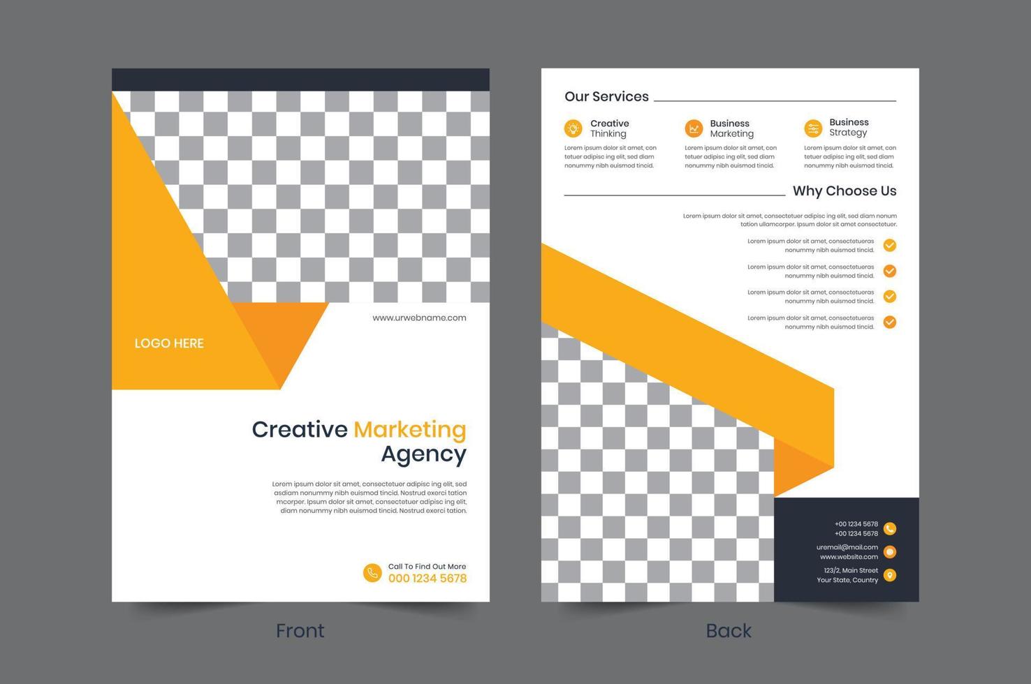 creatief zakelijke bedrijf folder sjabloon ontwerp. 2 zijdig brochure poster brochure vector illustrator. voor jaar- rapport, marketing, reclame maken, Promotie, boek omslag, bedrijf voorstel, onderwijs