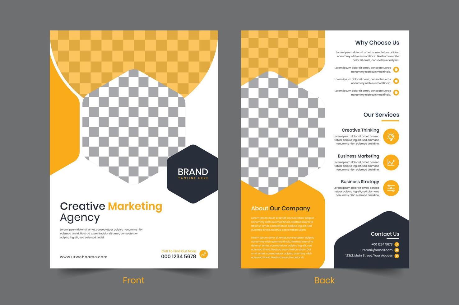 creatief zakelijke bedrijf folder sjabloon ontwerp. 2 zijdig brochure poster brochure vector illustrator. voor marketing, reclame maken, Promotie, jaar- rapport, bedrijf voorstel, boek omslag, onderwijs