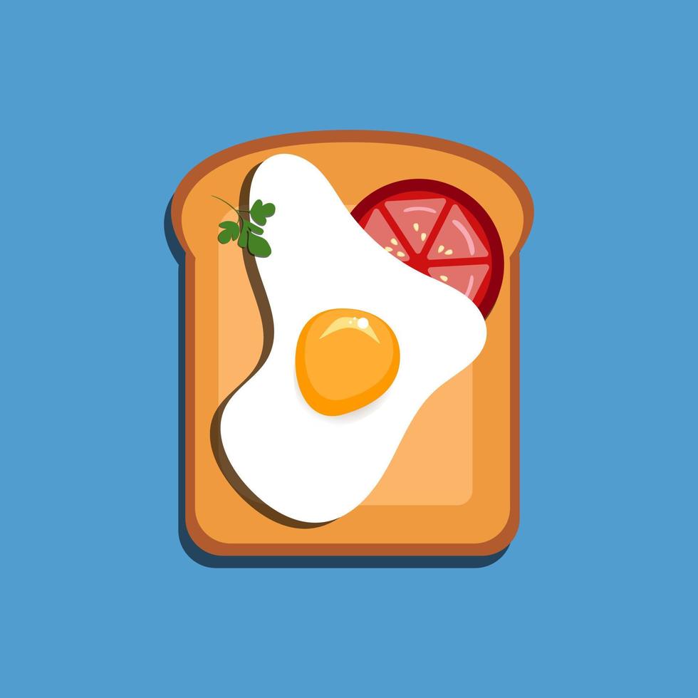 belegd broodje top visie. geroosterd brood met geroosterd ei, en tomaat voor een gezond ontbijt geïsoleerd in blauw achtergrond. snel voedsel elementen, papier besnoeiing uit vector illustratie