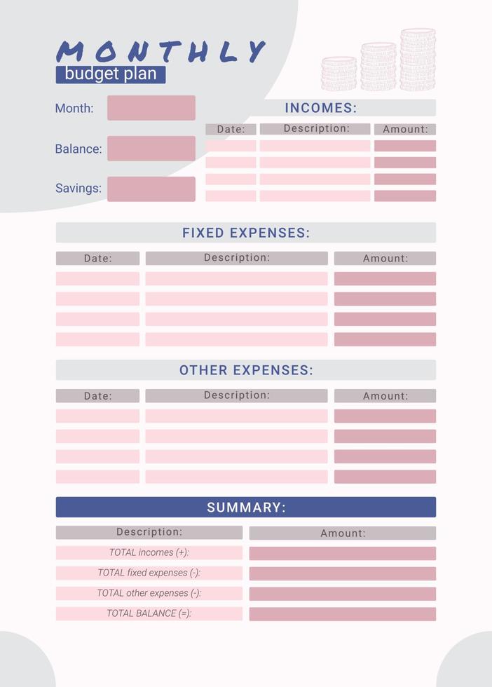 afdrukbare persoonlijk maandelijks begroting planner, vector illustratie