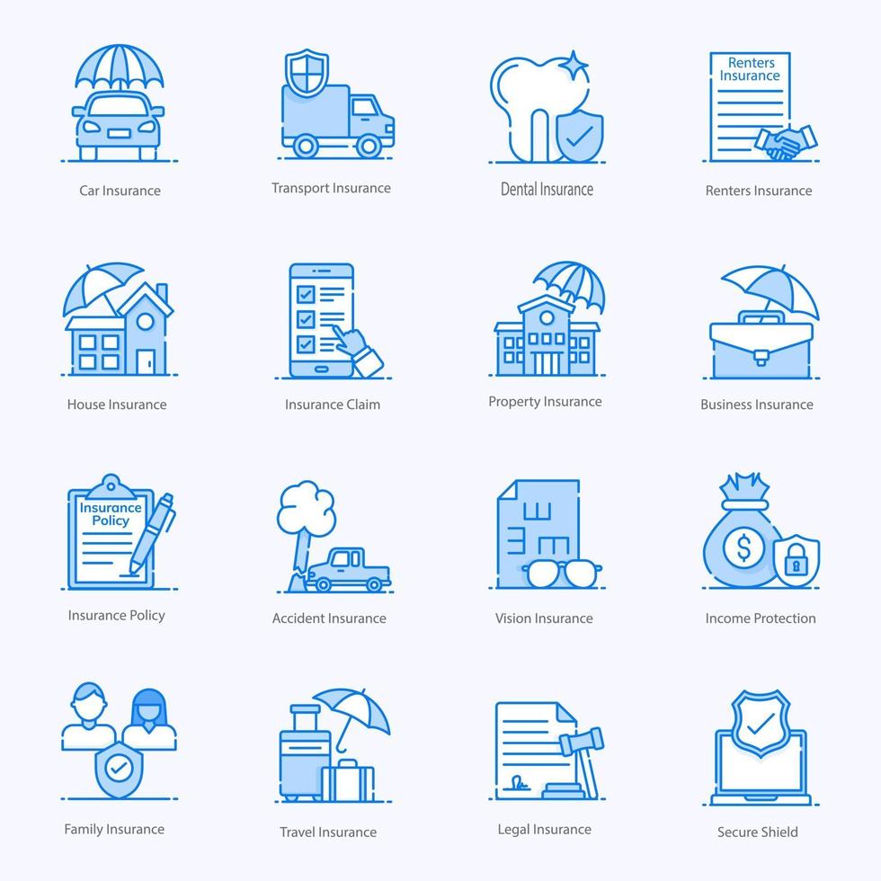 verzekeringspolis en dekking icon set vector