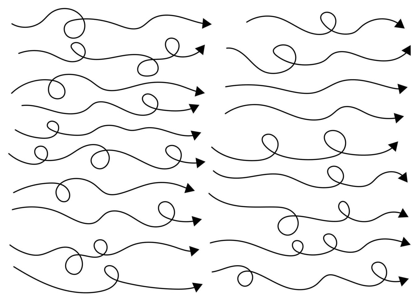 hand- getrokken gebogen pijl vorm geven aan. pijl lijn. pijl icoon reeks vector