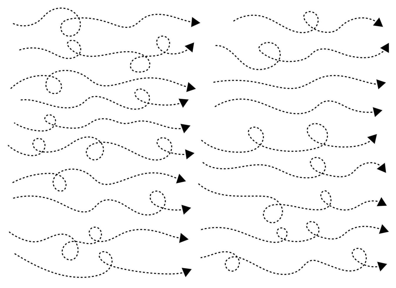 hand- getrokken stippel pijl vorm geven aan. gebogen pijl lijn. pijl icoon verzameling. vector illustratie geïsoleerd Aan wit achtergrond