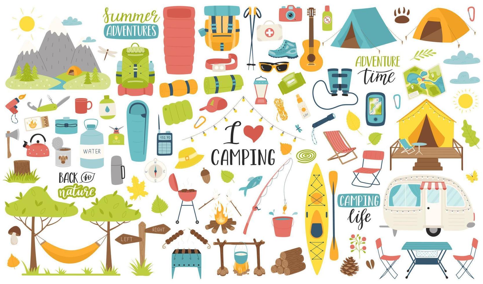 een verzameling van elementen voor camping, reizend, hiking, buitenshuis recreatie, picknick. grafisch voorwerpen voor scrapbooken, affiches, spandoeken, stickers, kaarten. vlak vector illustratie geïsoleerd Aan wit.