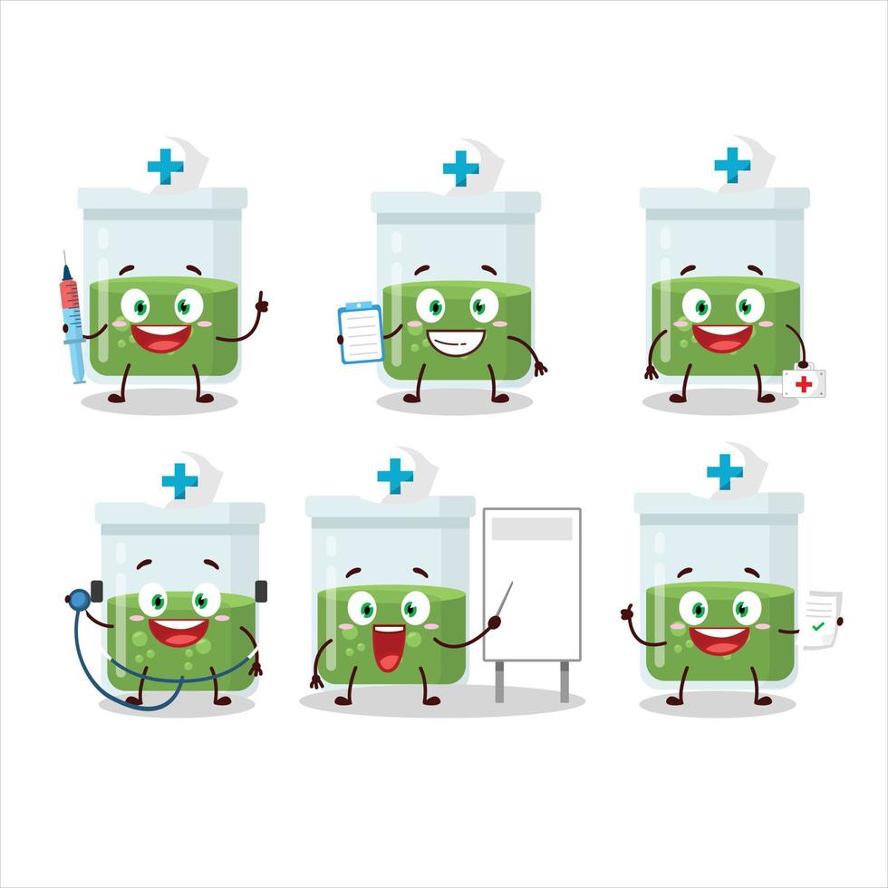 dokter beroep emoticon met groen toverdrank tekenfilm karakter vector