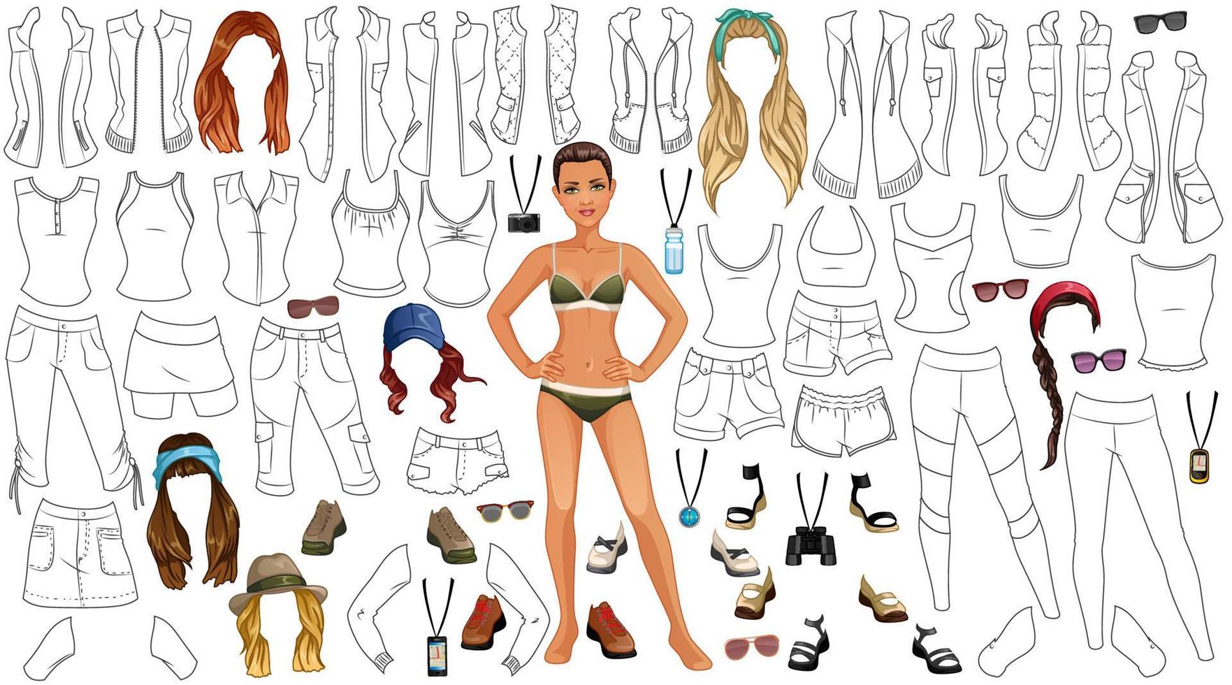 wandelen kleding kleur bladzijde papier pop met schattig tekenfilm vrouw karakter, kleren, kapsels en accessoires. vector illustratie