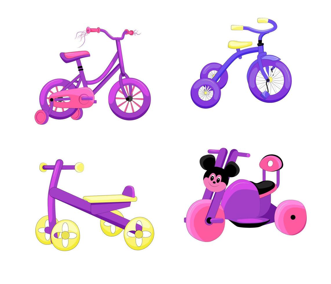 helder kinderen fietsen. driewielers. vector illustratie.