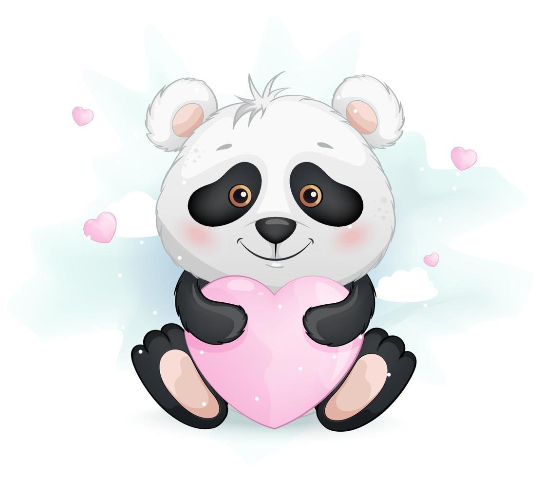 schattige kleine panda met roze hart vector