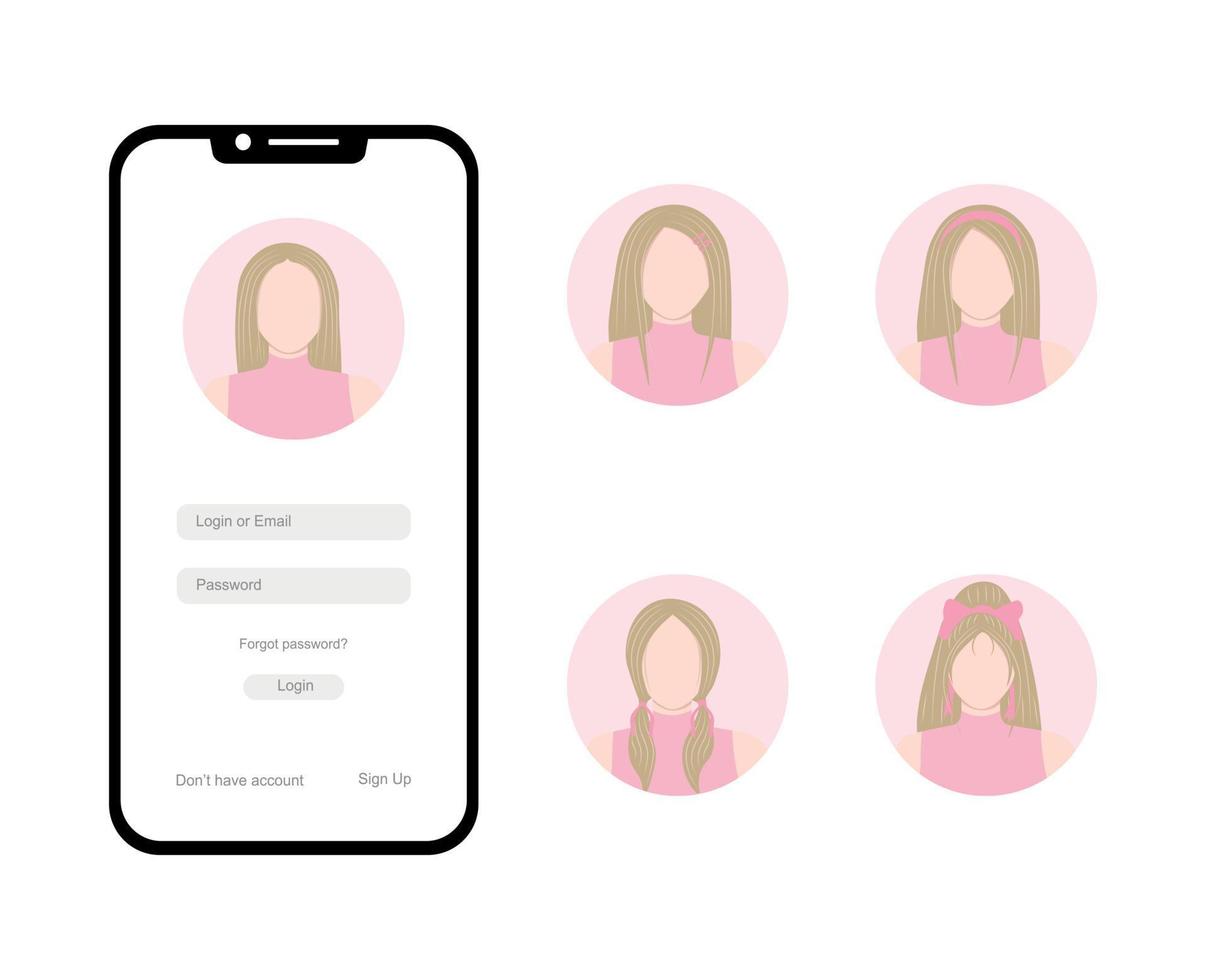 reeks van avatars met jong vrouw voor Log in bladzijde Aan smartphone scherm vector