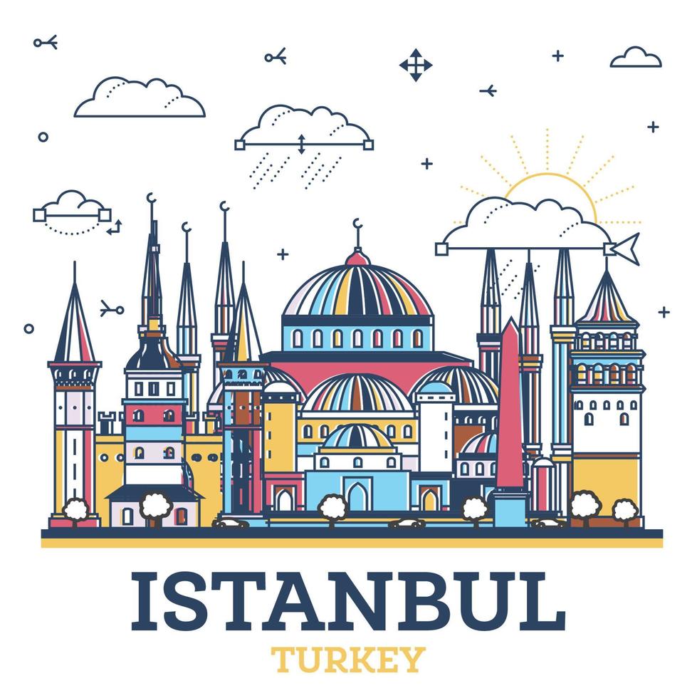 schets Istanbul kalkoen stad horizon met gekleurde historisch gebouwen geïsoleerd Aan wit. Istanbul stadsgezicht met oriëntatiepunten. vector