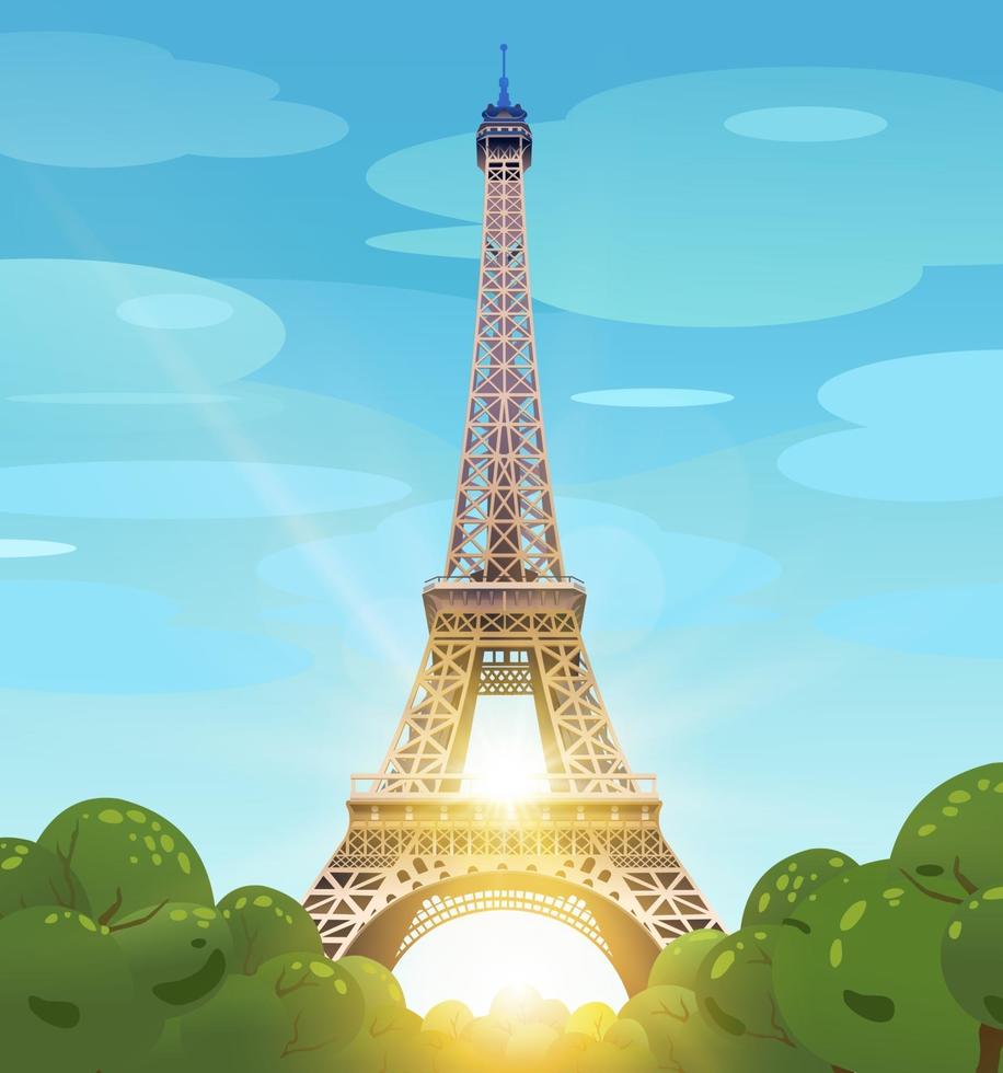 Eiffeltoren in Parijs tegen de blauwe hemel. de zon op de champs elysees. overdag parijs. de dagzon bij de Eiffeltoren. vector illustratie