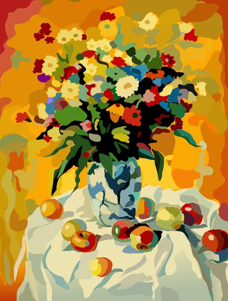 bloemboeket in een vaas op tafel. een tafel met een wit tafelkleed en fruit erop. schilderen op nummer. vector illustratie.