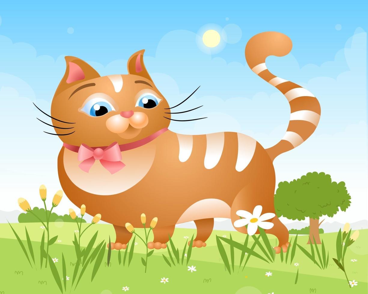 een kat loopt op een zonnige dag op het gazon in het gras. dikke kat met een vlinder. vector illustratie