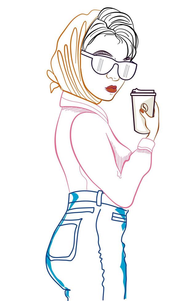 vector illustratie lijn kunst de meisje met een kop van koffie