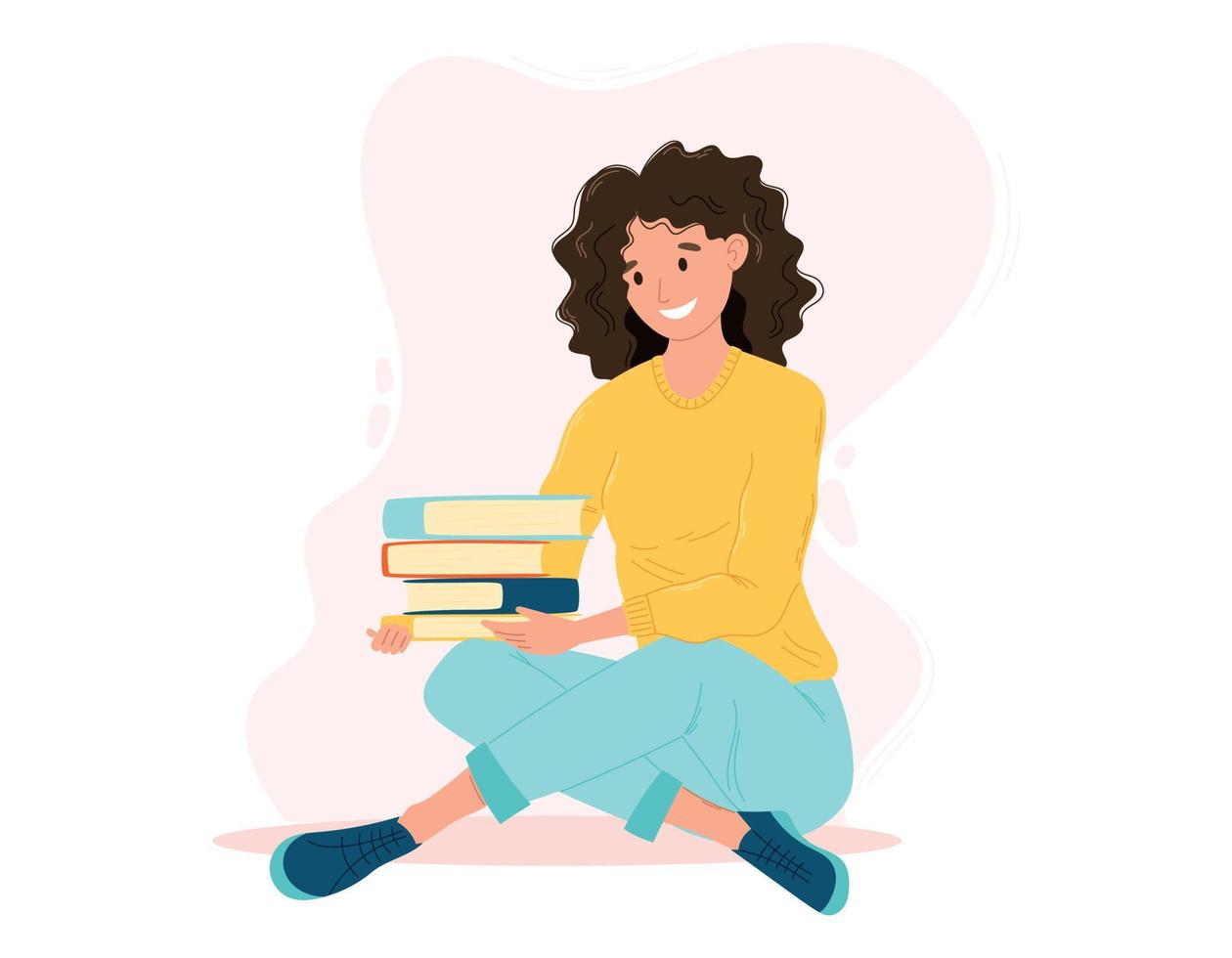 jong vrolijk vrouw zittend Aan de verdieping en Holding een stack van boeken. vector geïsoleerd illustratie van een mooi gekruld brunette meisje.