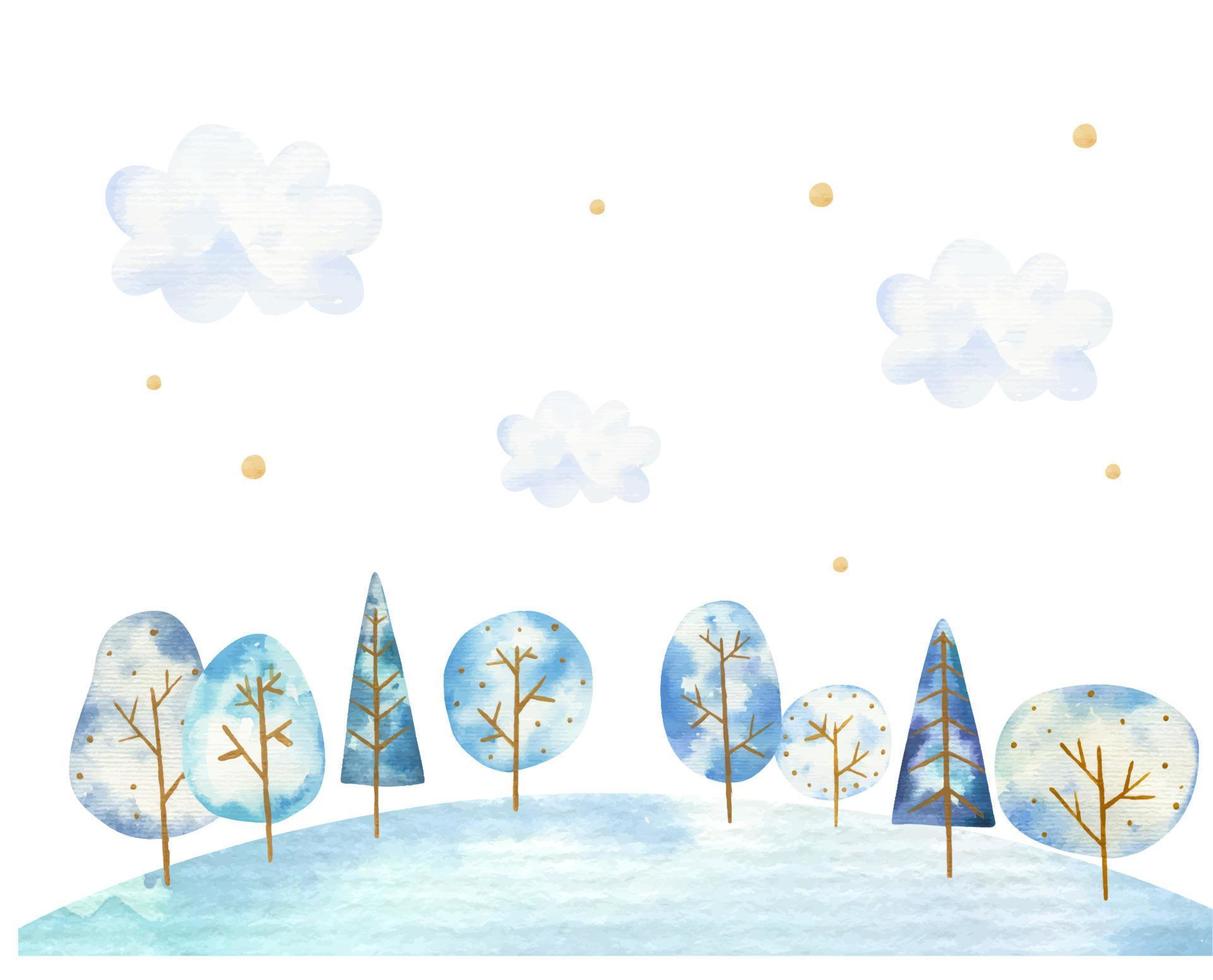 winter landschap met bergen, sneeuw, heuvels, wolken, huizen en bomen vector
