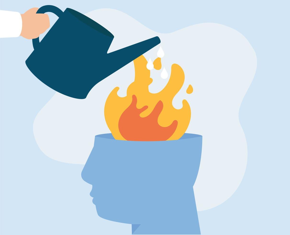 hoofd Aan brand draag- accumuleren spanning krijgt helpen van een psychotherapeut. psycholoog dooft de brand van depressie, burn-out of hysterie van zijn geduldig. illustratie van mentaal Gezondheid aandoeningen. vector