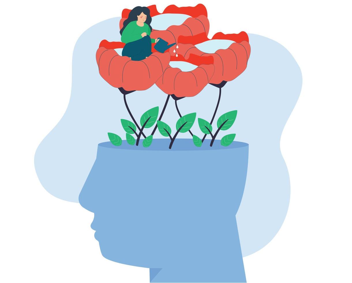 vrouw gieter fabriek binnen abstract hoofd. ondersteuning voor mensen in aan het leren. bloemen en planten toenemen van hoofd. concept van geest groei, psychologie, opleiding, creativiteit, psychotherapie en mentaal Gezondheid vector