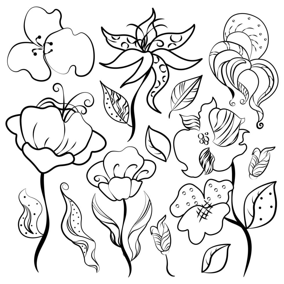 reeks van hand- getrokken tekening bloemen en bladeren. zwart en wit schilderen. geïsoleerd tekening verzameling voor ieder gebruiken. vector illustratie