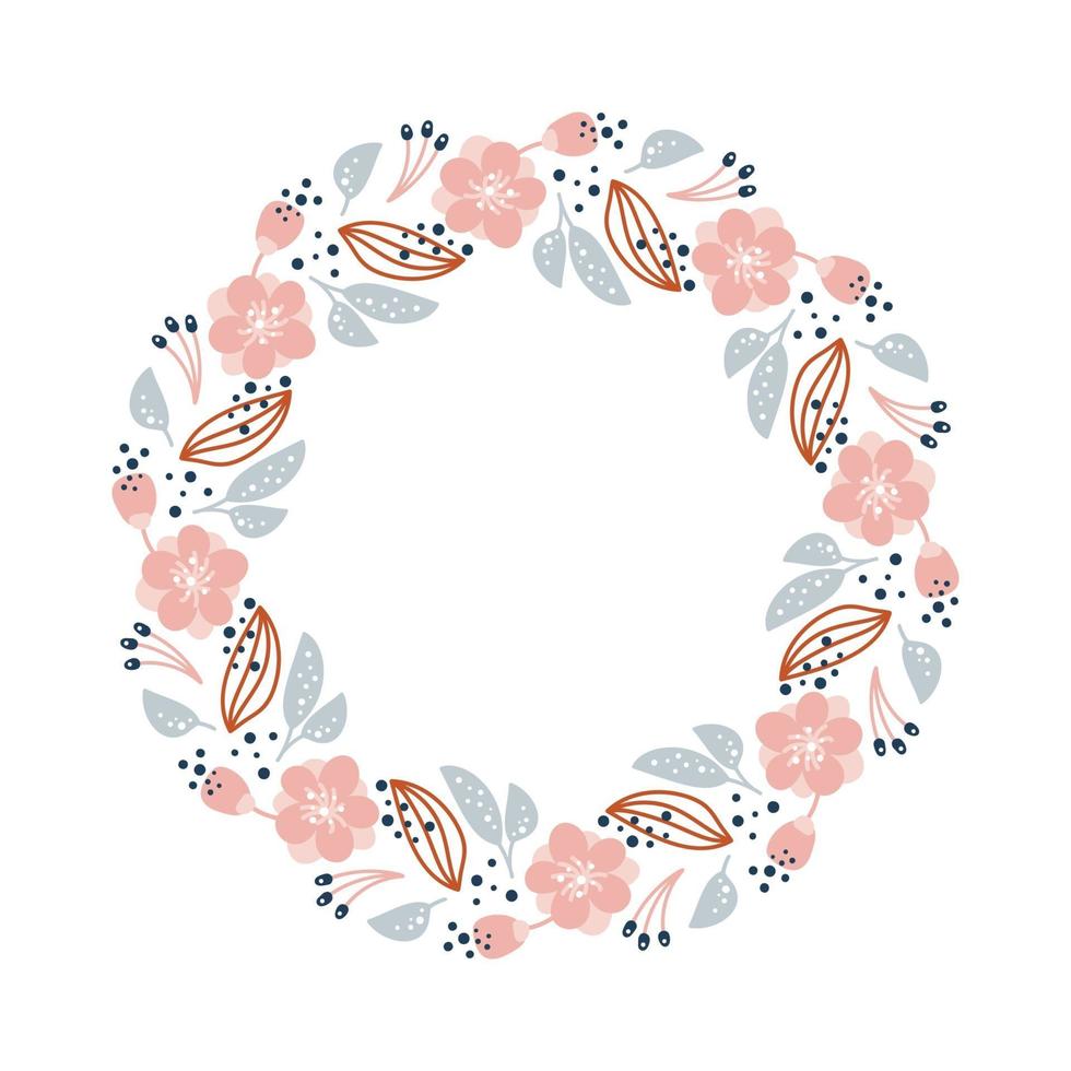 zomerkrans met bloemen in Scandinavische stijl. lente kruid plat abstract vector tuin frame voor vrouw dag romantische vakantie, trouwkaart. element bloemen geïsoleerde illustratie