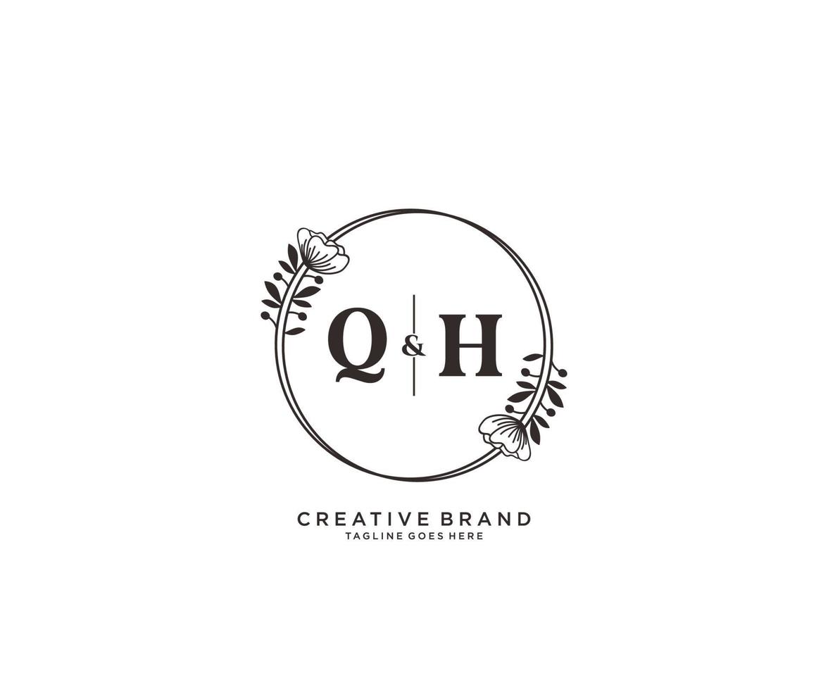 eerste qh brieven hand- getrokken vrouwelijk en bloemen botanisch logo geschikt voor spa salon huid haar- schoonheid winkel en kunstmatig bedrijf. vector