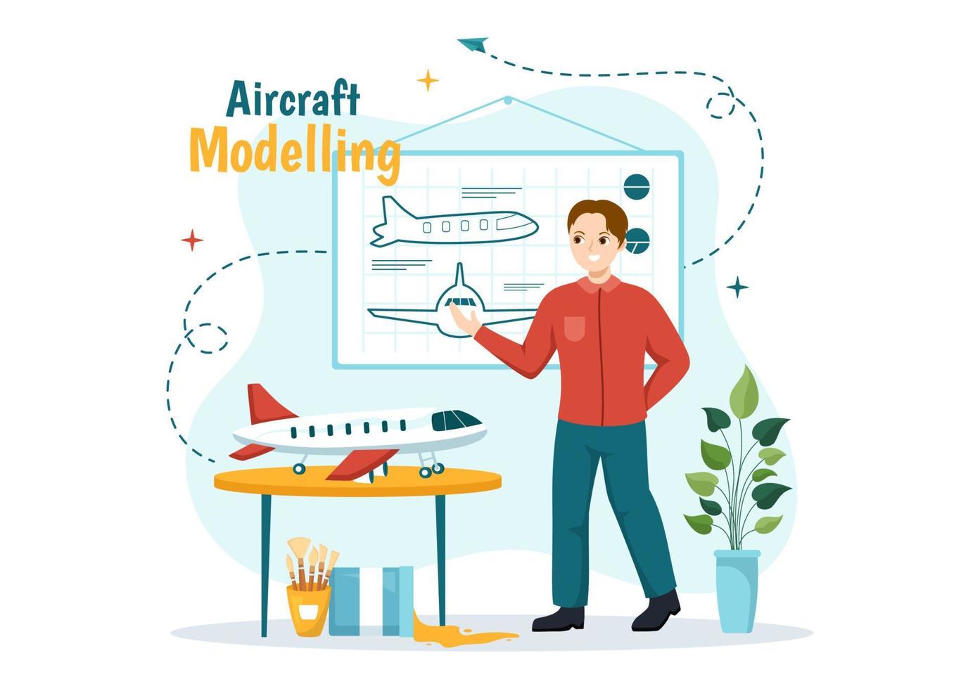 vliegtuig modellering en bouwen illustratie met in elkaar zetten of schilderij reusachtig vliegtuig model- in vlak tekenfilm hand- getrokken landen bladzijde Sjablonen vector