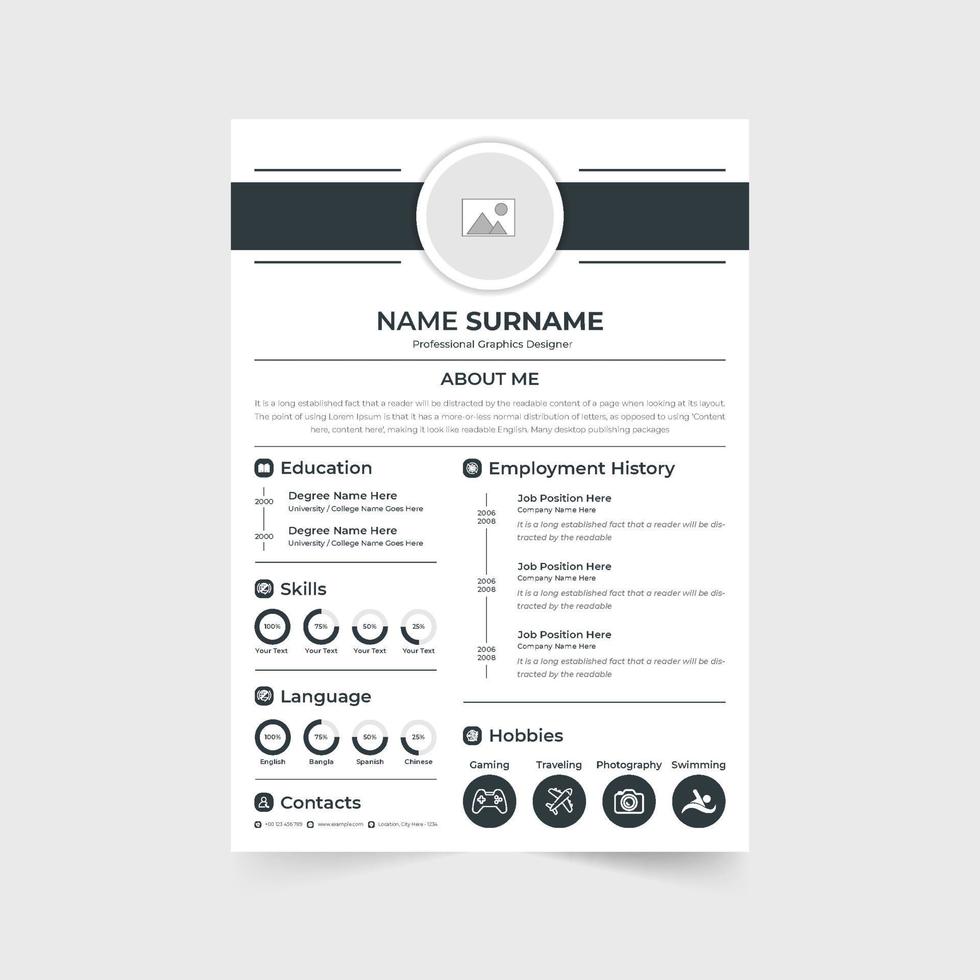 minimalistische hervat en CV sjabloon vector met foto tijdelijke aanduidingen. creatief hervat lay-out ontwerp voor professioneel baan toepassingen. kantoor CV lay-out vector met donker en blauw kleuren.