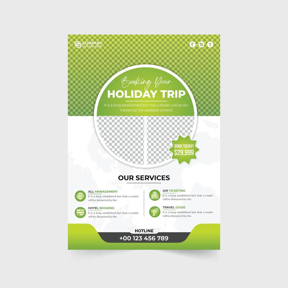 vakantie reis ontwerper agentschap advertentie folder vector met foto tijdelijke aanduidingen. vakantie ontwerper bedrijf promotionele brochure en poster vector. tour en reizen folder ontwerp met groen en blauw kleuren