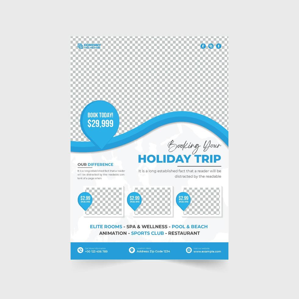 creatief reizen agentschap advertentie folder ontwerp met plaats pinnen en abstract vormen. modern vakantie reis ontwerper bedrijf brochure en poster vector. tour en reizen promotionele folder ontwerp. vector