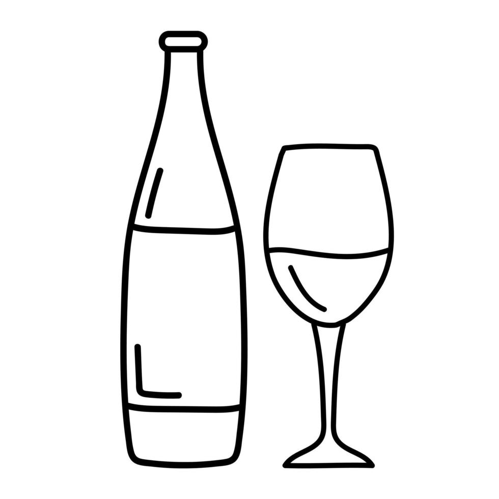 vector lijn kunst wijn minimaal logo fles en glas alcohol lineair stijl label. tekening vector illustratie