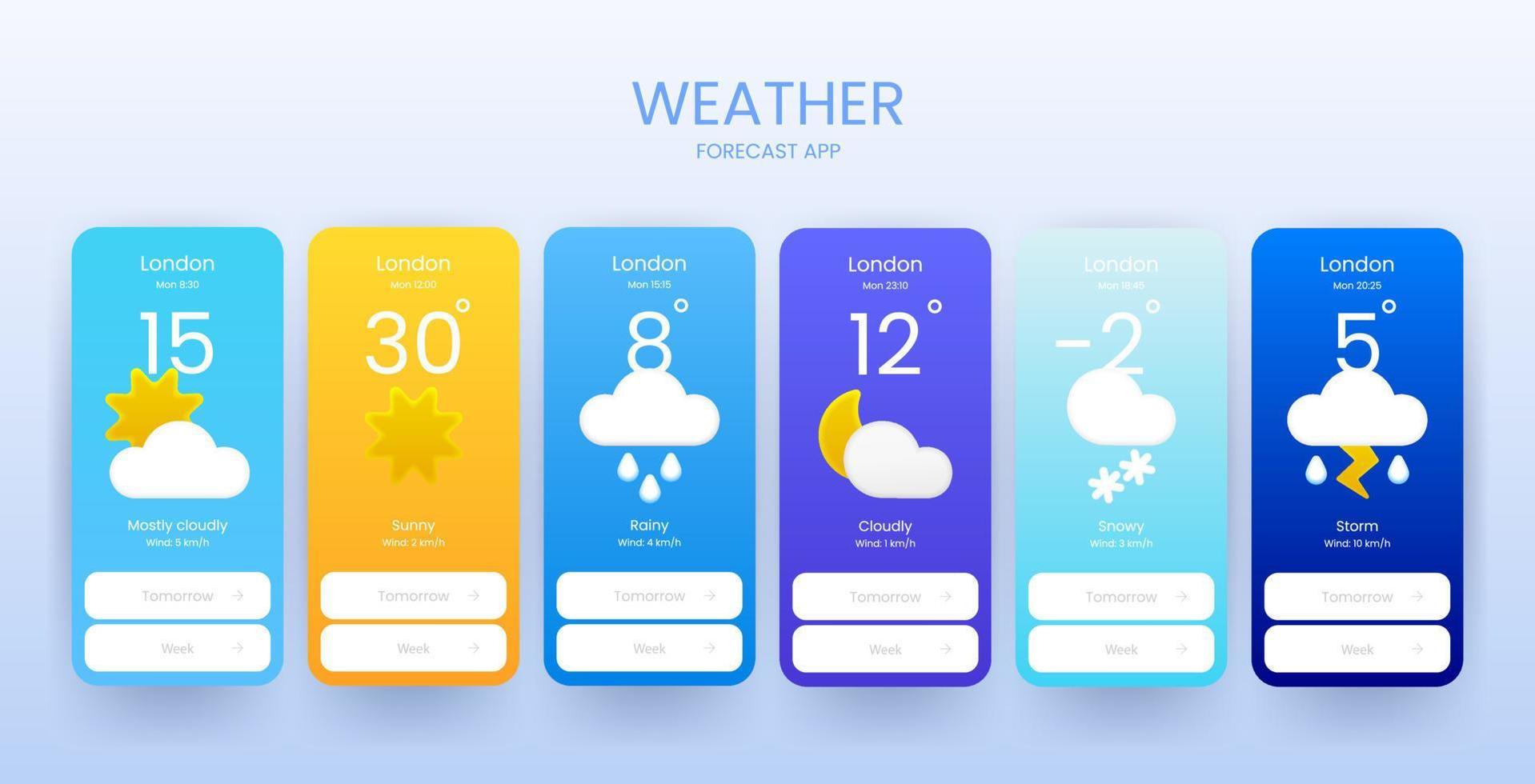 reeks van meteorologisch 3d tekenfilm pictogrammen van regenen, onweersbui, bewolkt, Doorzichtig geschikt voor weer appjes, Sjablonen, widgets, pictogrammen of illustraties. ai ux app scherm ontwerp, mobiel interfaces. vector