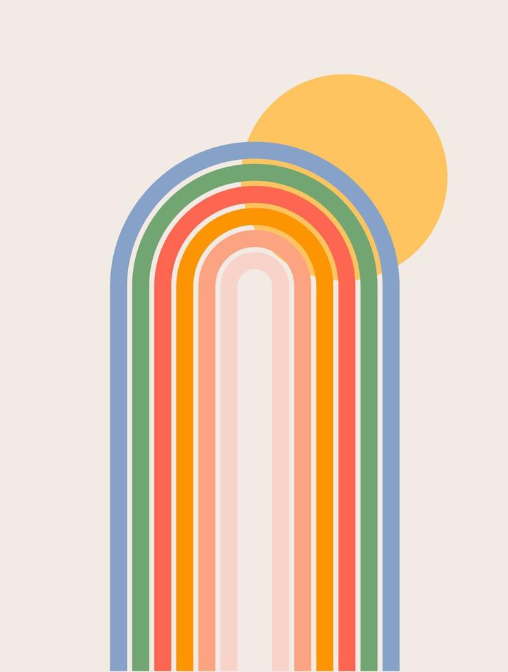 modieus abstract esthetisch achtergrond met zon en regenboog. midden eeuw muur decor in stijl jaren 60, jaren 70. retro vector ontwerp voor sociaal media, blog na, sjabloon, interieur ontwerp