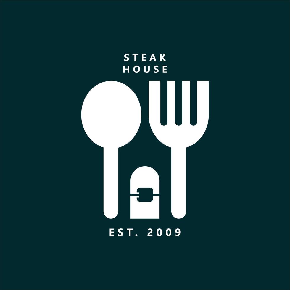 lepel en vork vector logo met negatief ruimte vlees griller. Steak-restaurant logo. geschikt voor voedsel, maaltijden, restaurant, barbecue, en slagerij.