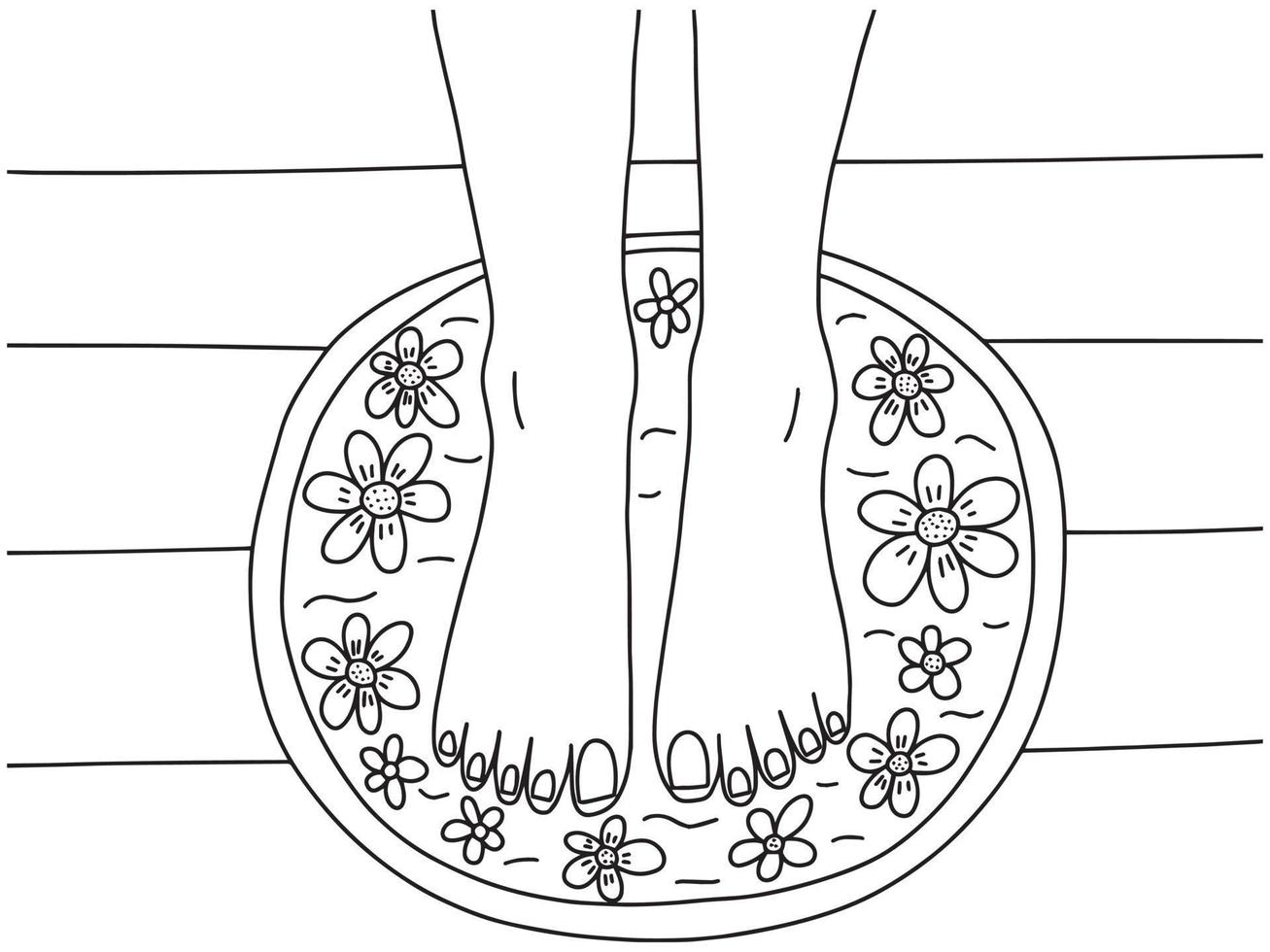 vector spa pedicure top visie kleuring bladzijde. vrouw voeten in kom met water en bloemen illustratie