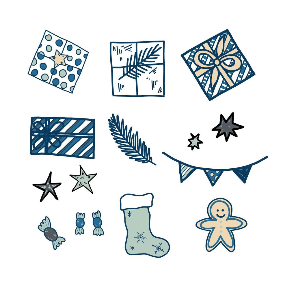 een reeks van vector elementen Aan een Kerstmis thema. slingers, snoepjes, sokken, cadeaus en sterren zijn getrokken handmatig in de vector. geschikt voor vakantie decor, decoratie van uitnodigingen, geschenk papier.