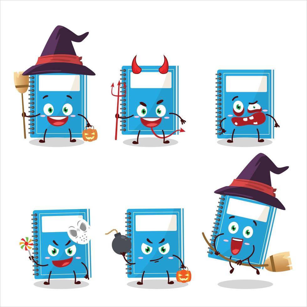 halloween uitdrukking emoticons met tekenfilm karakter van blauw studie boek vector