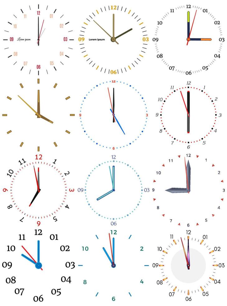 een reeks van verschillend mechanisch klokken met een beeld van elk van de twaalf uur. klok gezicht Aan wit achtergrond. vector