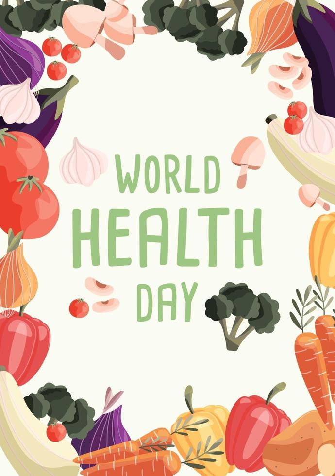 Wereldgezondheidsdag verticale poster sjabloon met verzameling van verse biologische groenten. kleurrijke hand getrokken illustratie op lichtgroene achtergrond. vegetarisch en veganistisch eten. vector