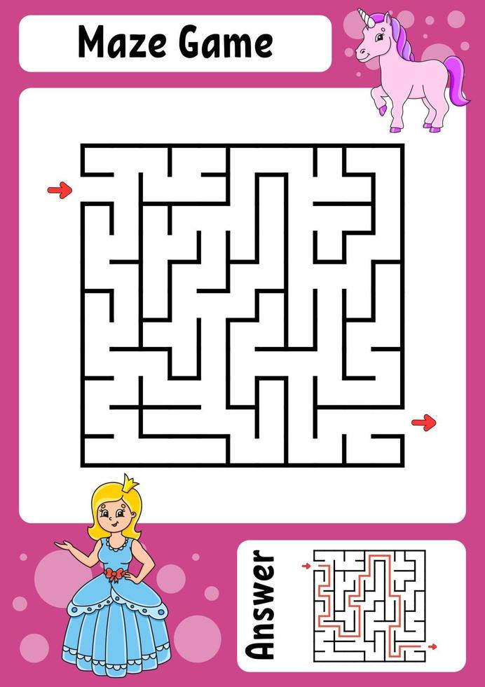 vierkant doolhof. spel voor kinderen. grappig labyrint. onderwijs ontwikkelend werkblad. activiteitenpagina. puzzel voor kinderen. cartoon stijl. raadsel voor de kleuterschool. logisch raadsel. kleur vectorillustratie. vector