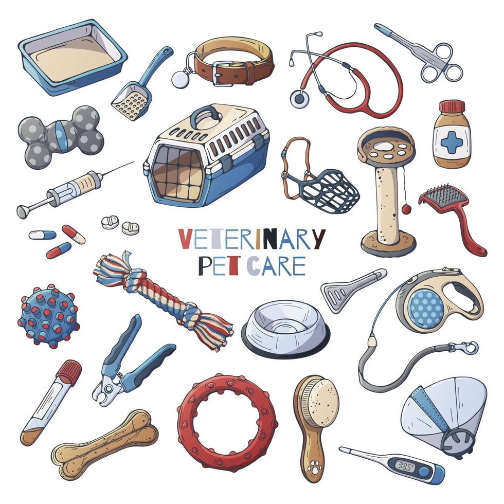 veterinaire accessoires voor de verzorging van katten en honden. vector. vector