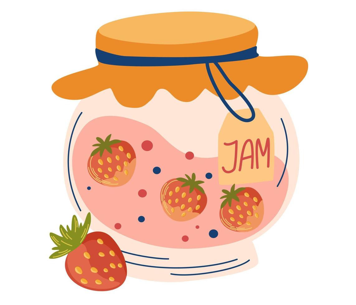 aardbei jam in glas kan. gezond suiker vervanging. tekening van huis Koken. eigengemaakt BES gelei tekenfilm icoon. perfect voor decor, sticker, ontwerp, kaart, afdrukken. vector vlak illustraties.