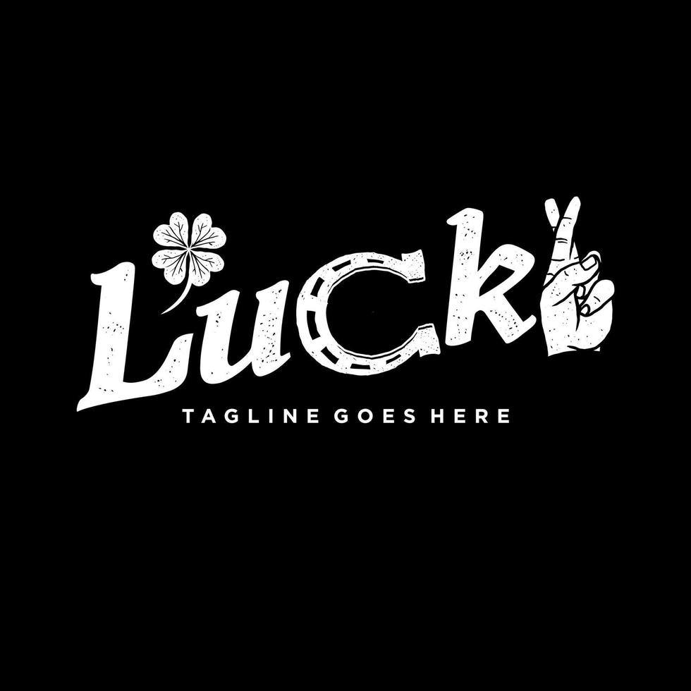 Lucky belettering gekruiste vingers, hoefijzer, Klaver blad, logo vector sjabloon, ontwerp element voor logo, poster, kaart, banier, embleem, t shirt. vector illustratie