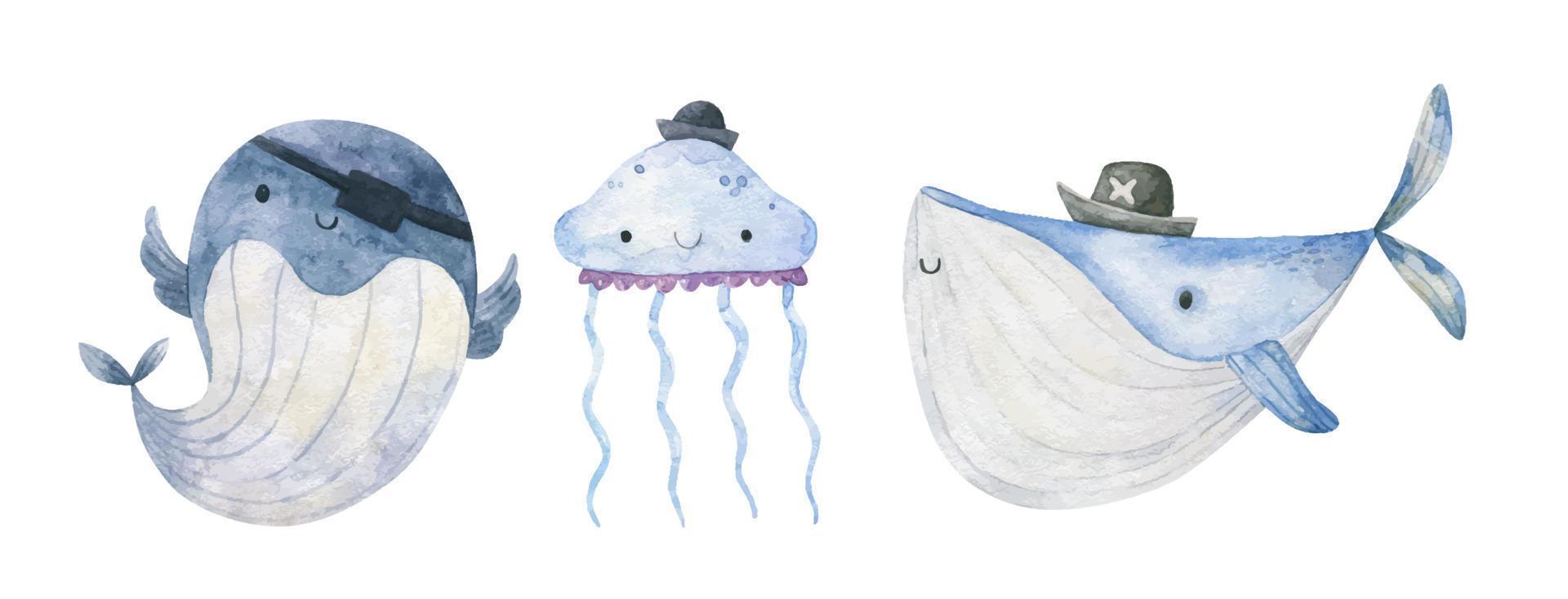kinderachtig waterverf illustratie met grappig oceaan vissen, onderzees leven vector