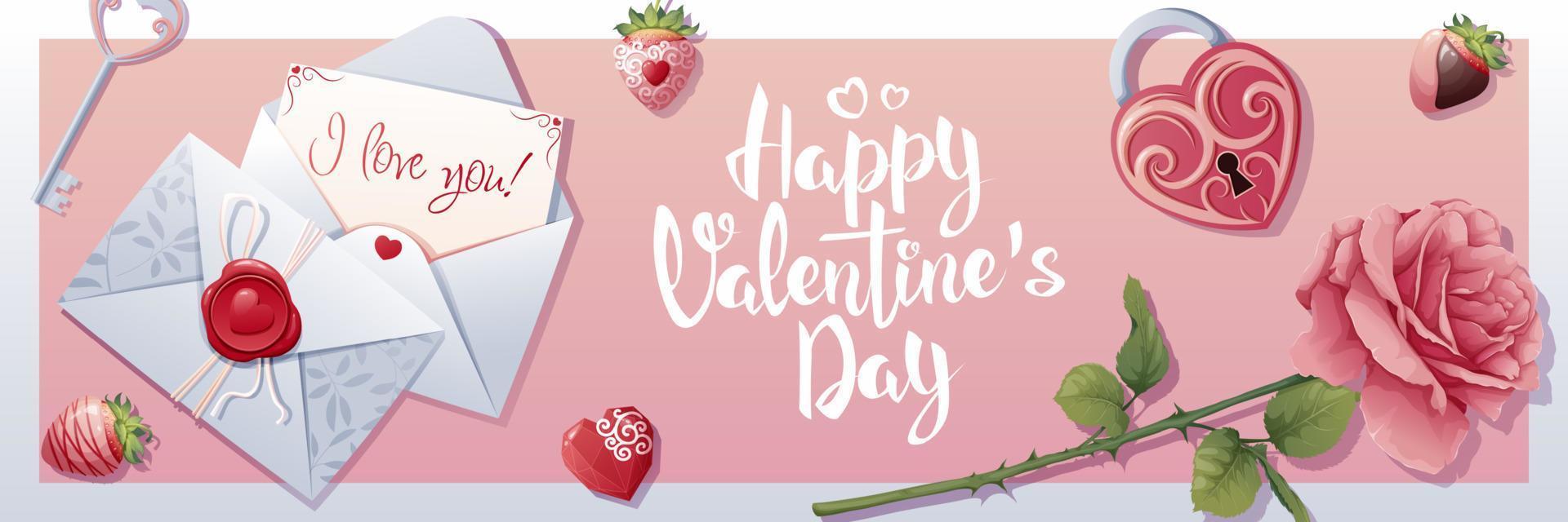 horizontaal banier voor Valentijn s dag. romantisch vakantie, reclame, vakantie hartelijk groeten. banier, poster, folder met liefde brief, roos en slot met sleutel vector