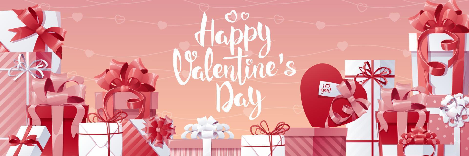 horizontaal banier met geschenk dozen voor Valentijn s dag. groot stapel van cadeaus met satijn bogen. banier, poster, achtergrond voor een romantisch vakantie. vector