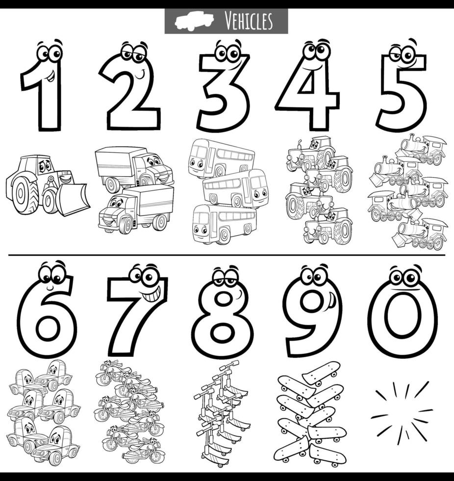 zwart-wit educatieve nummers instellen met cartoon voertuigen vector