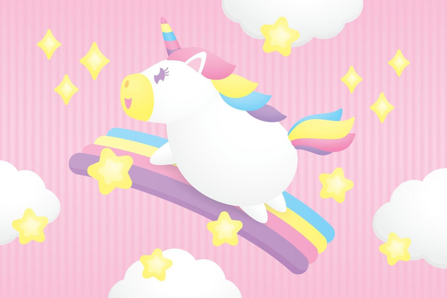 schattig kawaii eenhoorn is rennen Aan kleurrijk regenboog met wolk en sterren grafisch element Aan zoet pastel roze achtergrond illustratie vector